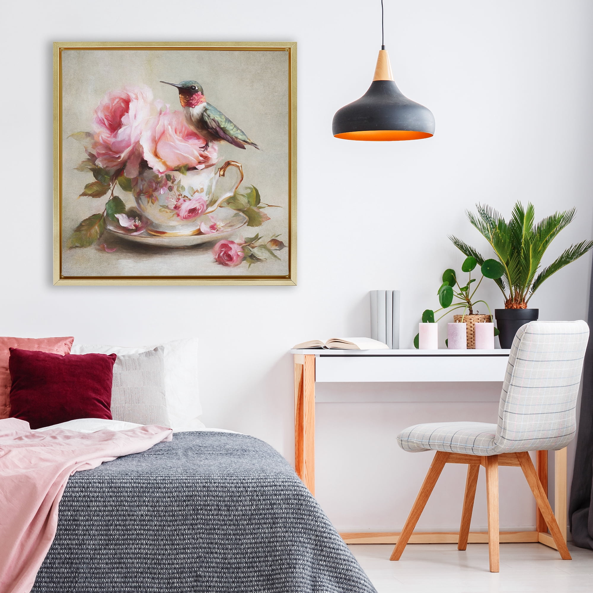 Stupell Industries Hummingbird & Tea Cup Gold Framed Floater Canvas Wall Art, design by Tina LeCour