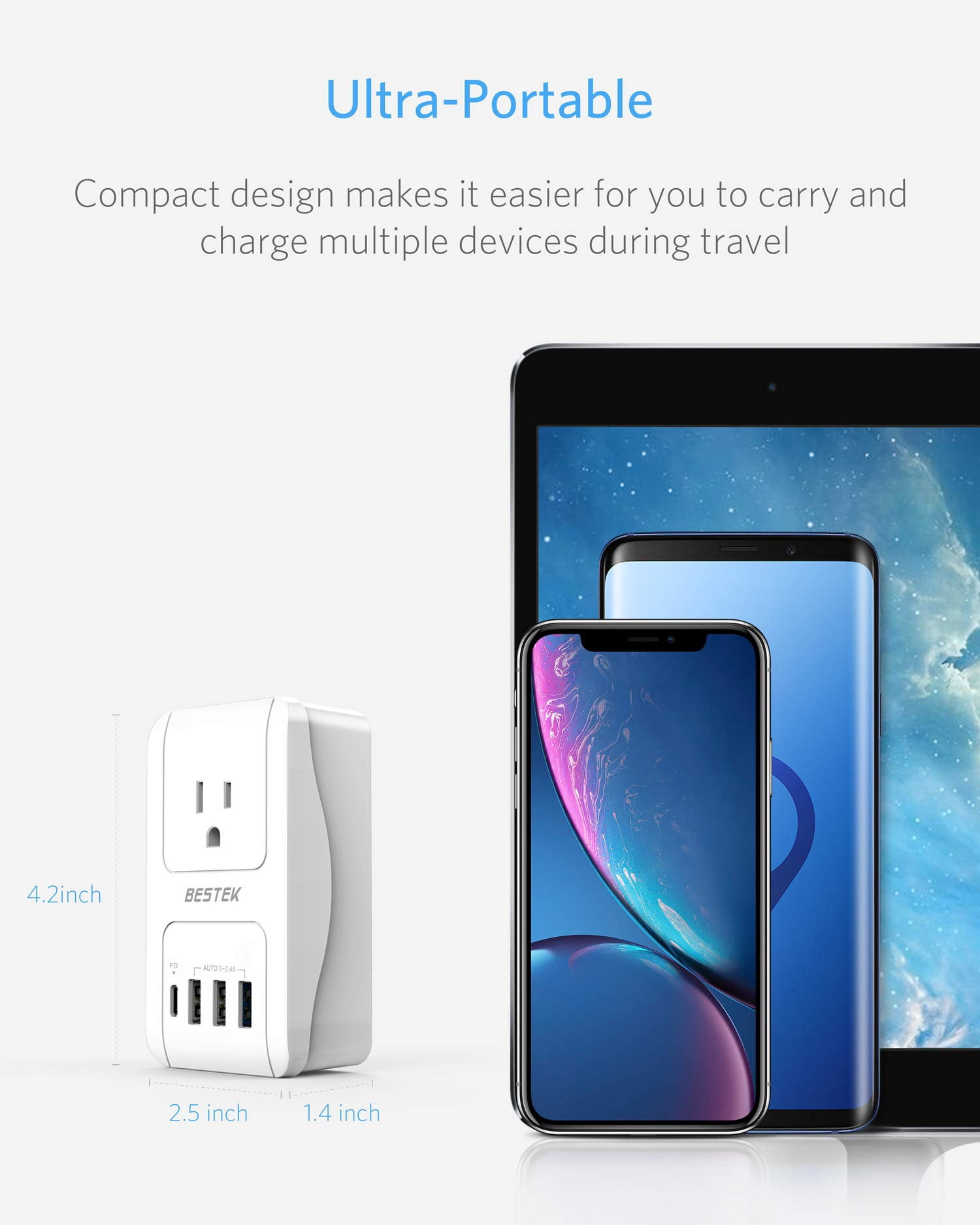 BESTEK International Travel Adapter, 3000W Travel Wall Charger with 4 Usb Ports (1 PD 35W) and 5 Worldwide Wall Plugs for Hair Dryer, Curling Iron (US, UK, AU, EU and Asia)