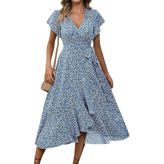 Womens Floral Vacation Dresses Casual Waisted Beach Sundresses Hawaiian Flowy V Neck Dress Ladies Trendy Cute Dress