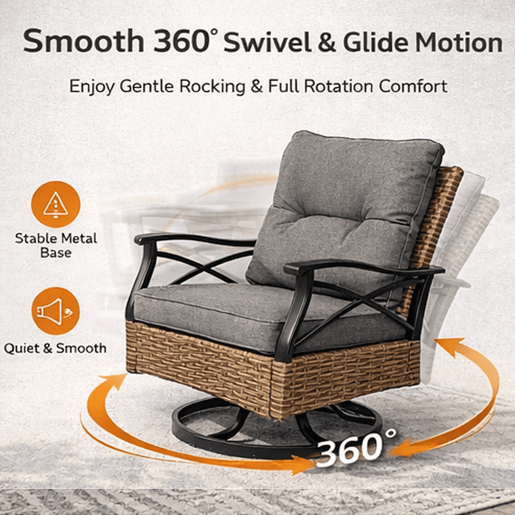 Patio Furniture Set, 3 Pieces Outdoor Swivel Rocker Chairs Set of 2, Rattan Wicker Conversation Set with 2 Rocking Swivel Chairs & Side Table, 360° Rotation Deep Seating for Porch Backyard Deck