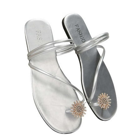 

Women s Flat Sandals Fashion Slides With Soft Leather Slippers Womens Summer Slippers Rhinestone & Flowers Decorate Pinch Toe Design Sandals Silver 6.5