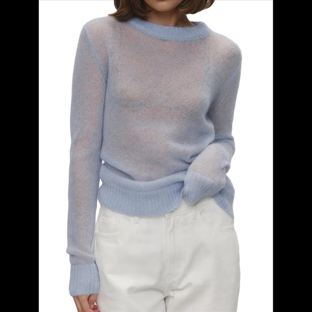 Suéter Básico de Cuello Redondo para Mujer, Jersey de Larga y Cuello Redondo. Azul S