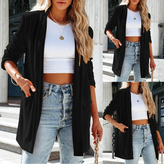 HAPIMO Women's Blazer Coat Open Front Cardigans Fall Long Sleeve Outwear Pockets Casual Wedding Party Workout Fashion Winter Loose Elegant Velvet Jackets Black L