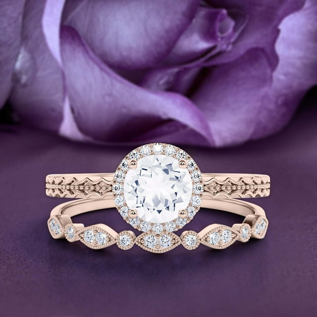 Personalized Art nouvea 1.80 Carat Round Cut Diamond Moissanite Engagement Ring Set, Bridal Rings Set, Wedding Ring in 10k Solid Rose Gold, Engraving Ring Set Promise Ring
