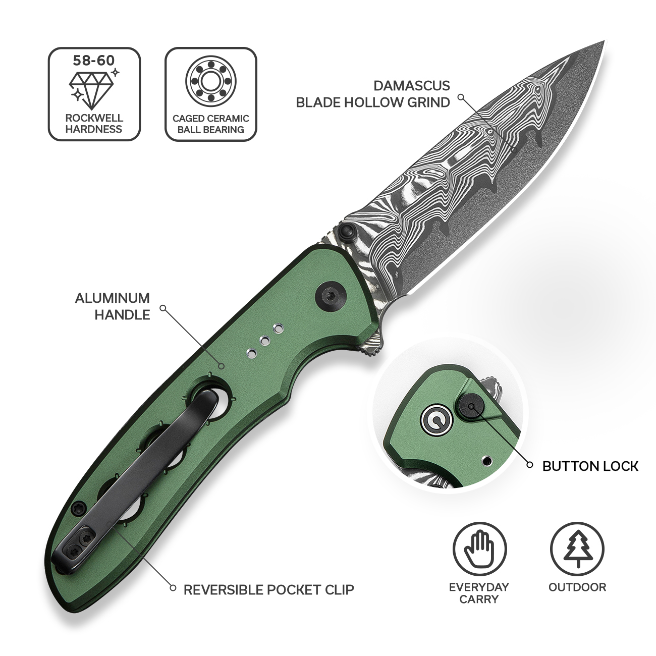 CIVIVI Hyperpulse Pocket Folding Knife, 3.5" Damascus Blade Lightweight Green Aluminum Handle C23087A-4