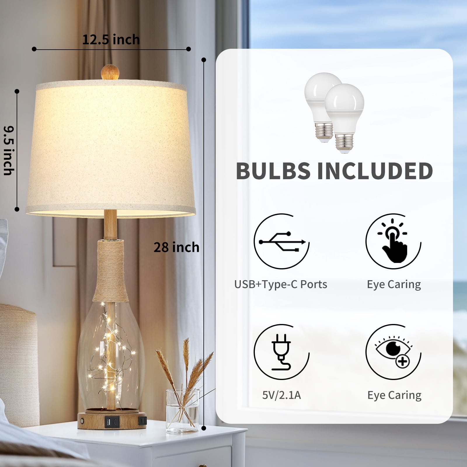 Cinkeda Table Lamps Set of 2 for Living Room Bedroom 27" Tall Boho Modern 3 Way Dimmable Touch Bedside Nightstand Lamp with USB C+A Ports AC Outlet Nightlight Rattan Rope Glass