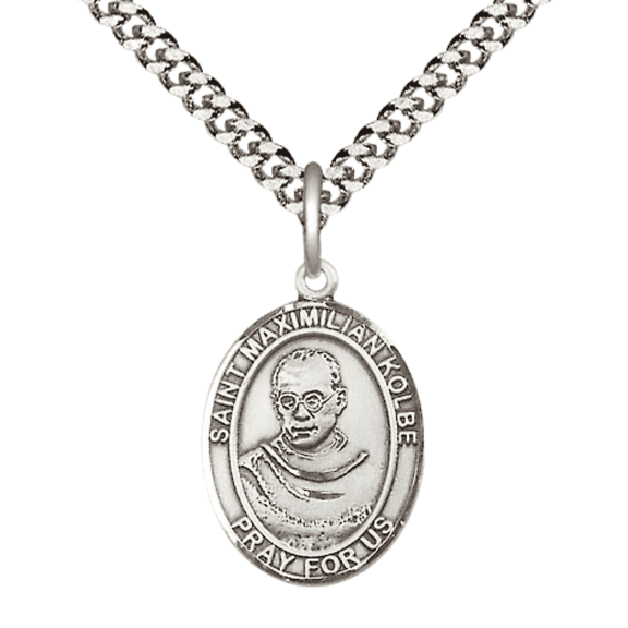 Pewter Saint St. Maximilian Kolbe Medal Pendant on 24 Inch Endless Rhodium Plated Heavy Curb Brass Chain, Catholic Religious Necklace -Made in USA- Deluxe Velvet Gift Box