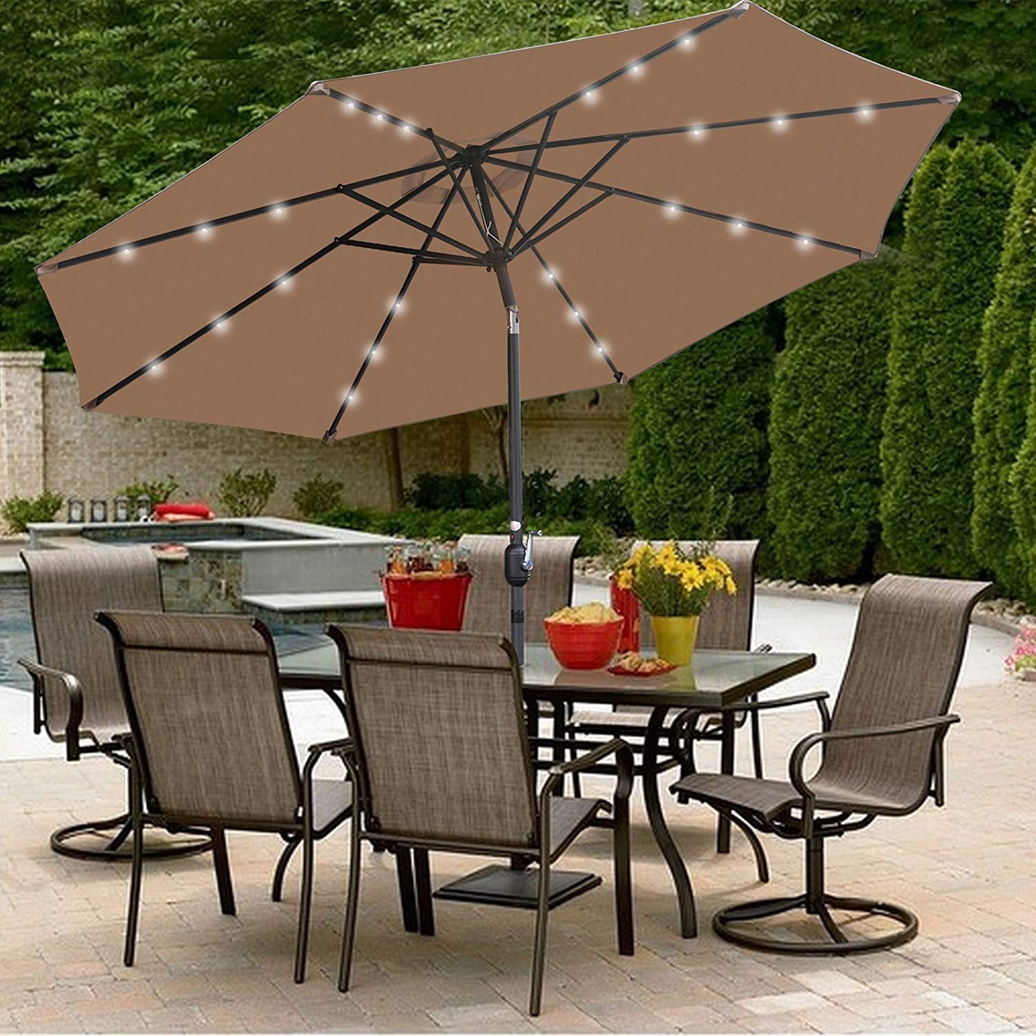 Zeny 10 Ft Patio Umbrella Led Solar Power With Tilt Adjustment And Crank Lift System Perfect For Patio Garden Backyard Deck Poolside And More Solar Led Tan Walmart Com Walmart Com