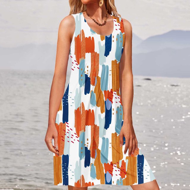SMihono Robe d'Été Grande Taille pour Femmes 2023 Été Mode Bord de Mer Décontractée Imprimée Sans Manches à Col Rond