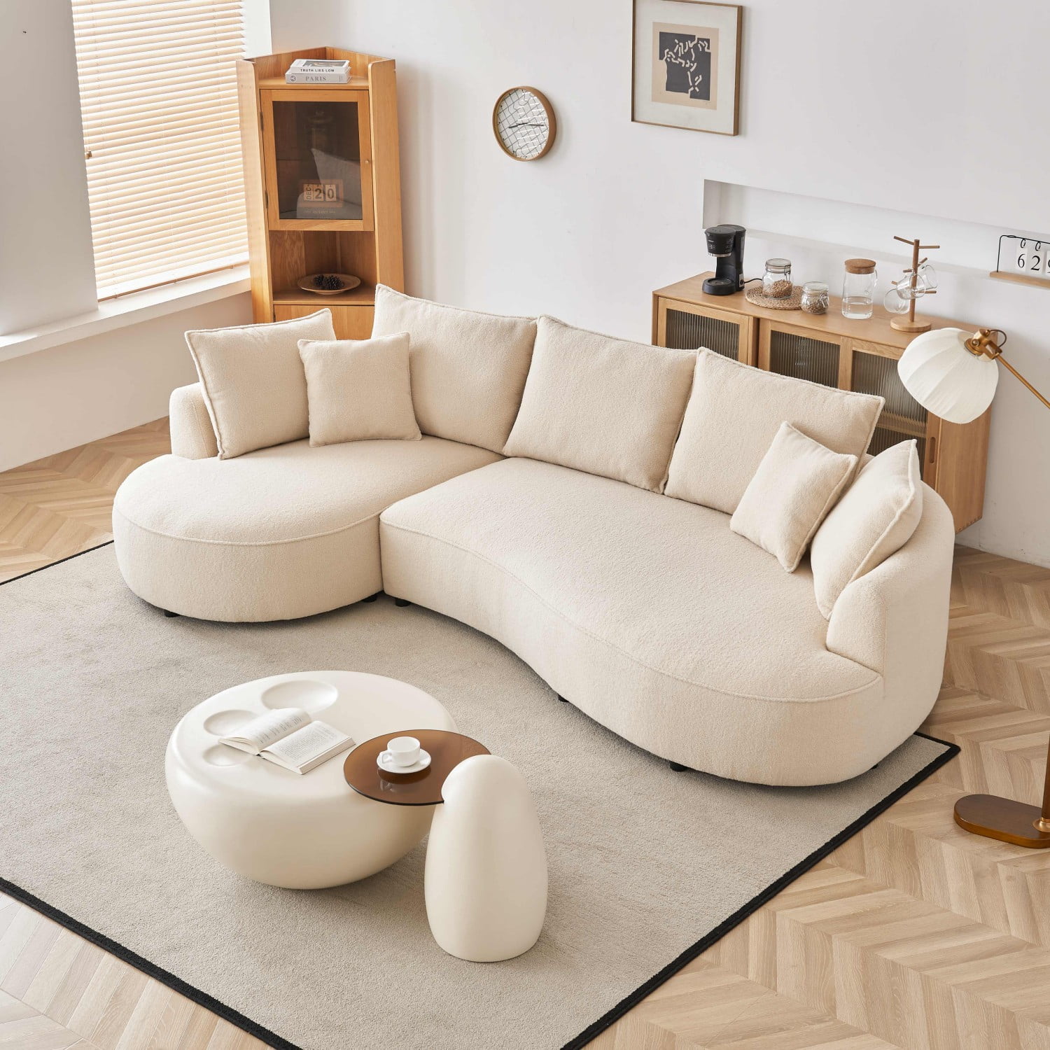 Gewnee 122.8" Curved Sofa Modern Curved Couch Living Room Modular Sectional Sofa, Mid Century Upholstered Couch Sherpa Boucle Fabric Sofa for Bedroom Apartment Left Hand Facing