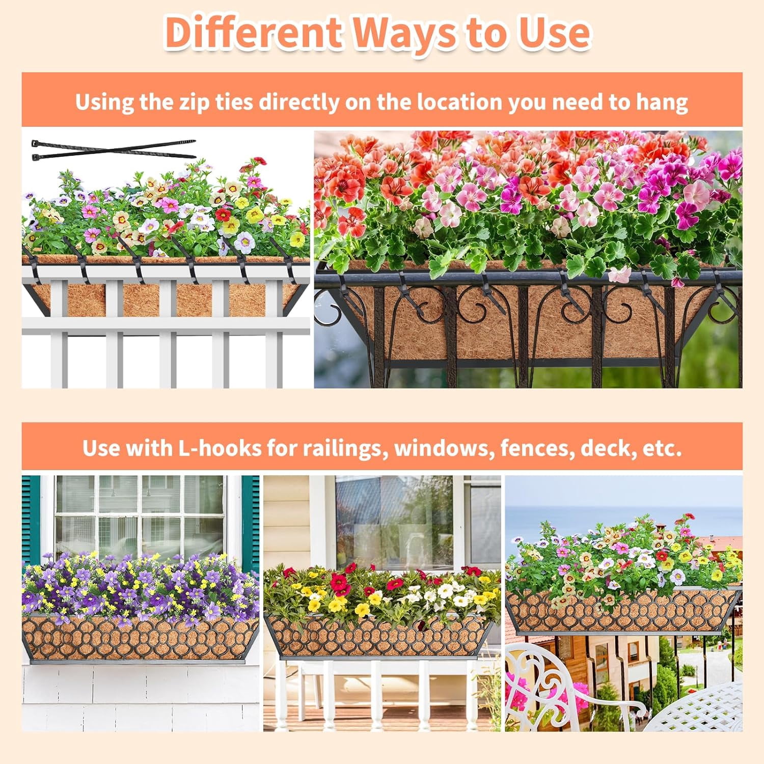 4 Pack 24 Inch Window Boxes Planters with Coco Liner, Metal Deck Railing Planter Boxes, Balcony Planters Railing Hanging, Horse Trough Window Flower Planter Boxes for Outdoor Porch Fence Patio