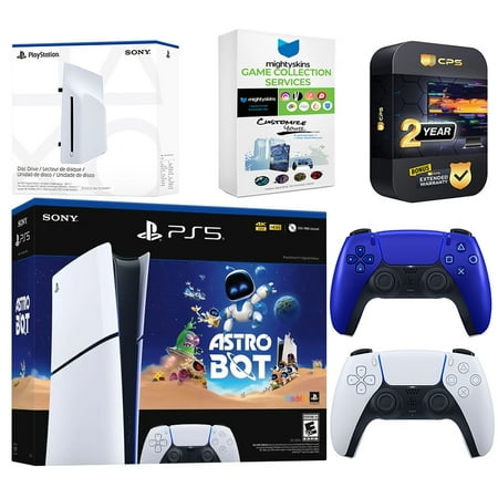 Sony PlayStation 5 Astro Bot Slim Digital Bundle with Disc Drive, Extra Controller, MightySkins Game Collection Services and 2 Year Extended Warranty - Cobalt Blue
