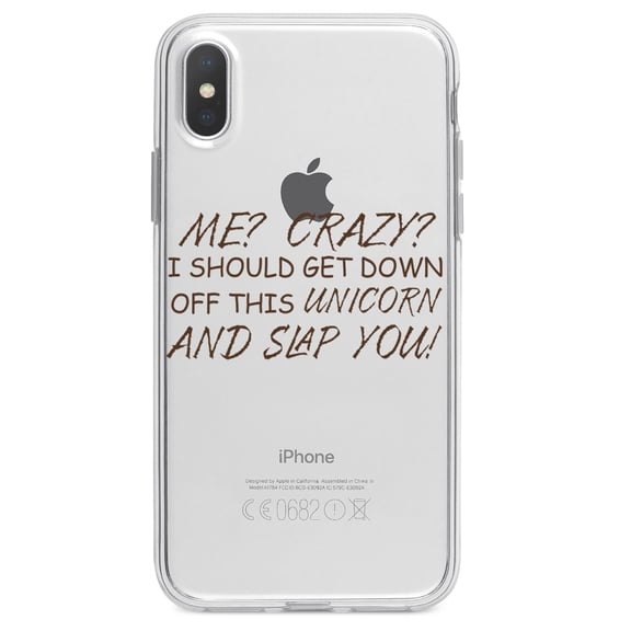 DistinctInk Clear Shockproof Hybrid Case for iPhone XR (6.1" Screen) - TPU Bumper Acrylic Back Tempered Glass Screen Protector - Me? Crazy? I Should Get Down Off This Unicorn