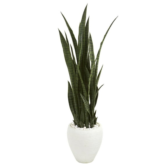 Nearly Natural Plasitc 51" Sansevieria Artificial Plant in White Planter, Green