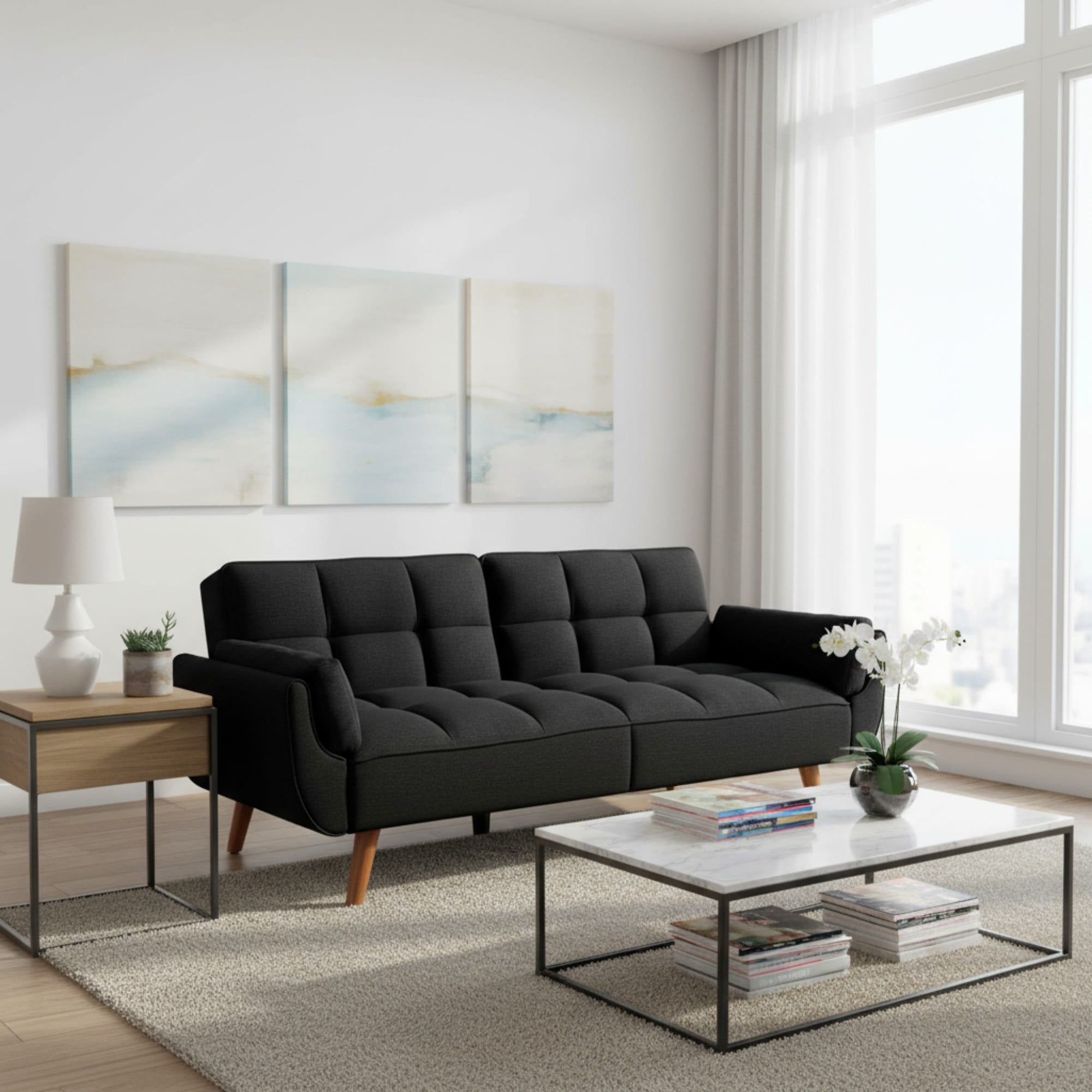 Gewnee Mid-Century Modern Sofa, Solid Eucalyptus Wood Frame, S-Shaped Springs, 500 lbs Capacity, Living Room, Black