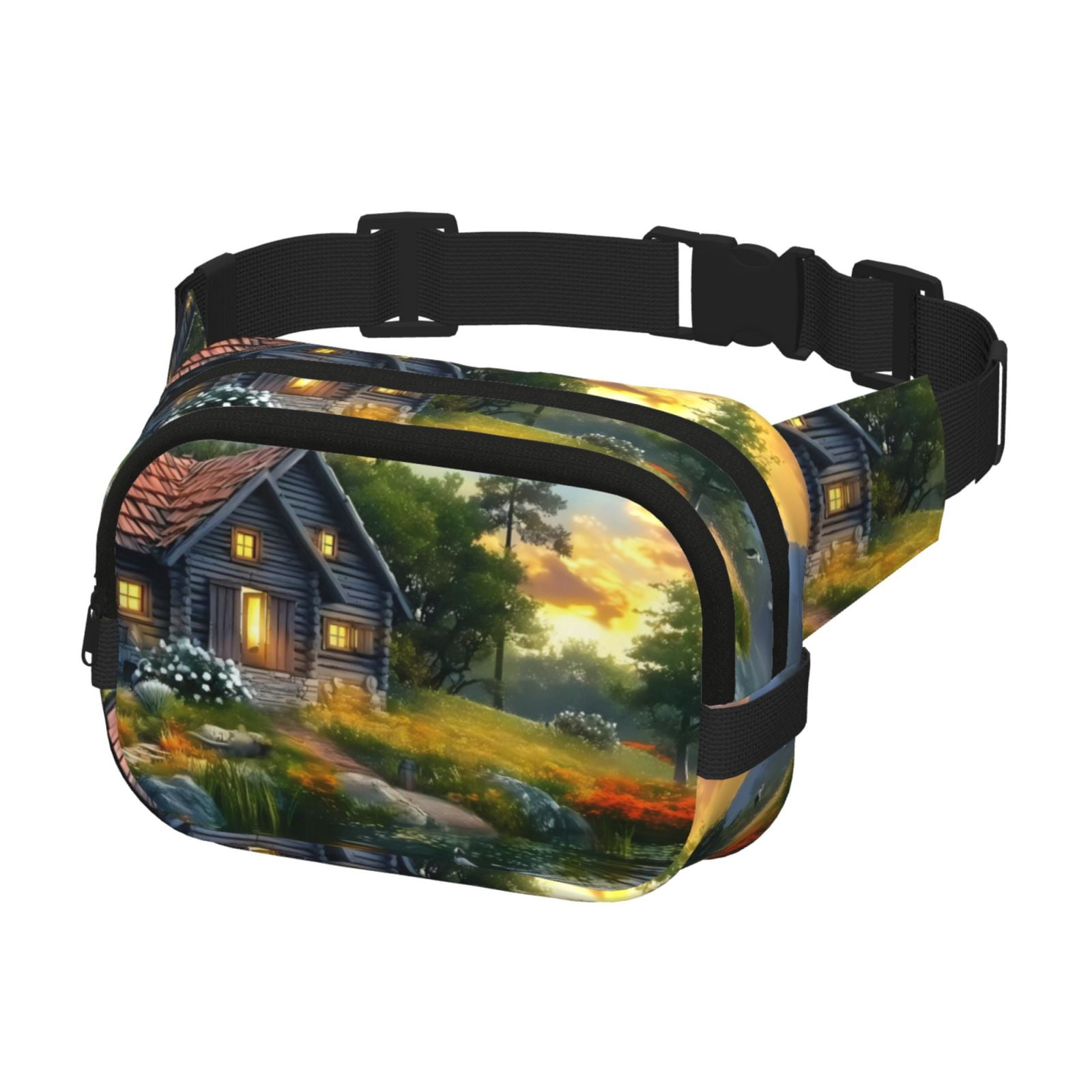 Picia Cozy Cottage Lakeside Sunset Print Square Double-Layer Waist Bag Mini Adjustable Waist Belt Bag Exercise Running Travel Hiking