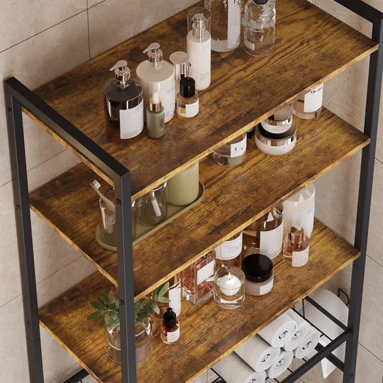 Aiho Over The Toilet Storage Shelf, 4-Tier Freestanding Bathroom Organizers and Storage, above Toilet Space Saver Rack with Adjustable Leg Pads, Toilet Paper Holder and 3-Hooks - Rustic Brown