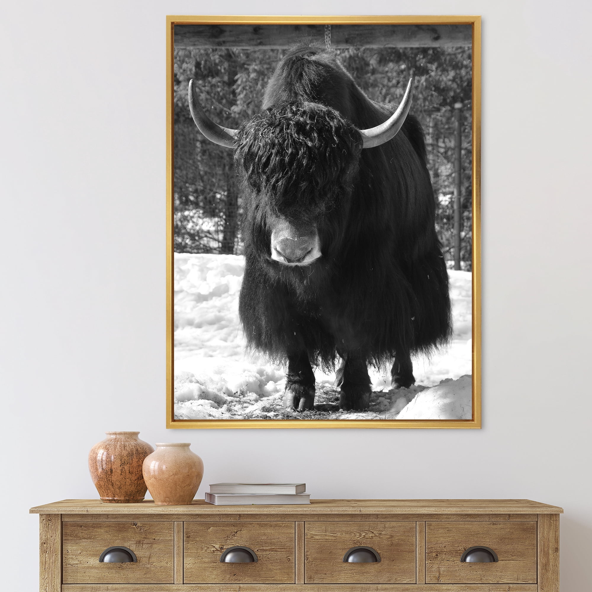 Portrait Of Monochrome Wild Bull In Winter Forest I 30" x 40" Framed Photography Canvas Art Print, by Designart