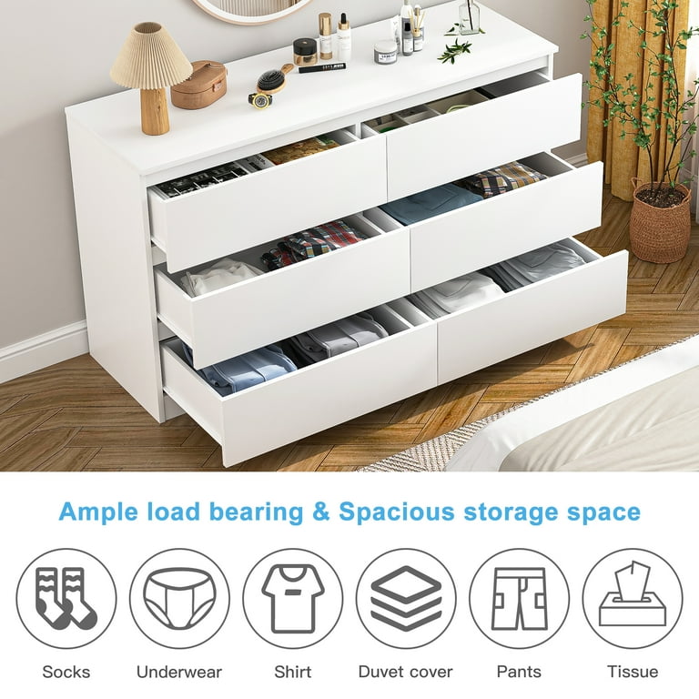Hommoo 6 Drawers Dresser Chest of Drawers Storage Dresser Cabinet for Living Room Entryway Hallway White
