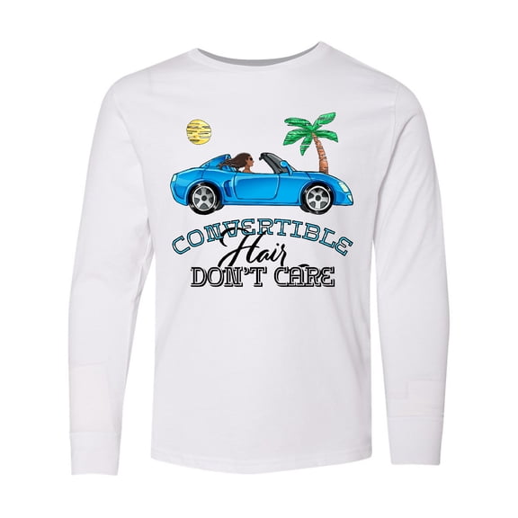 Inktastic Convertible Hair Don't Care with Black Hair and Blue Car Long Sleeve Youth T-Shirt