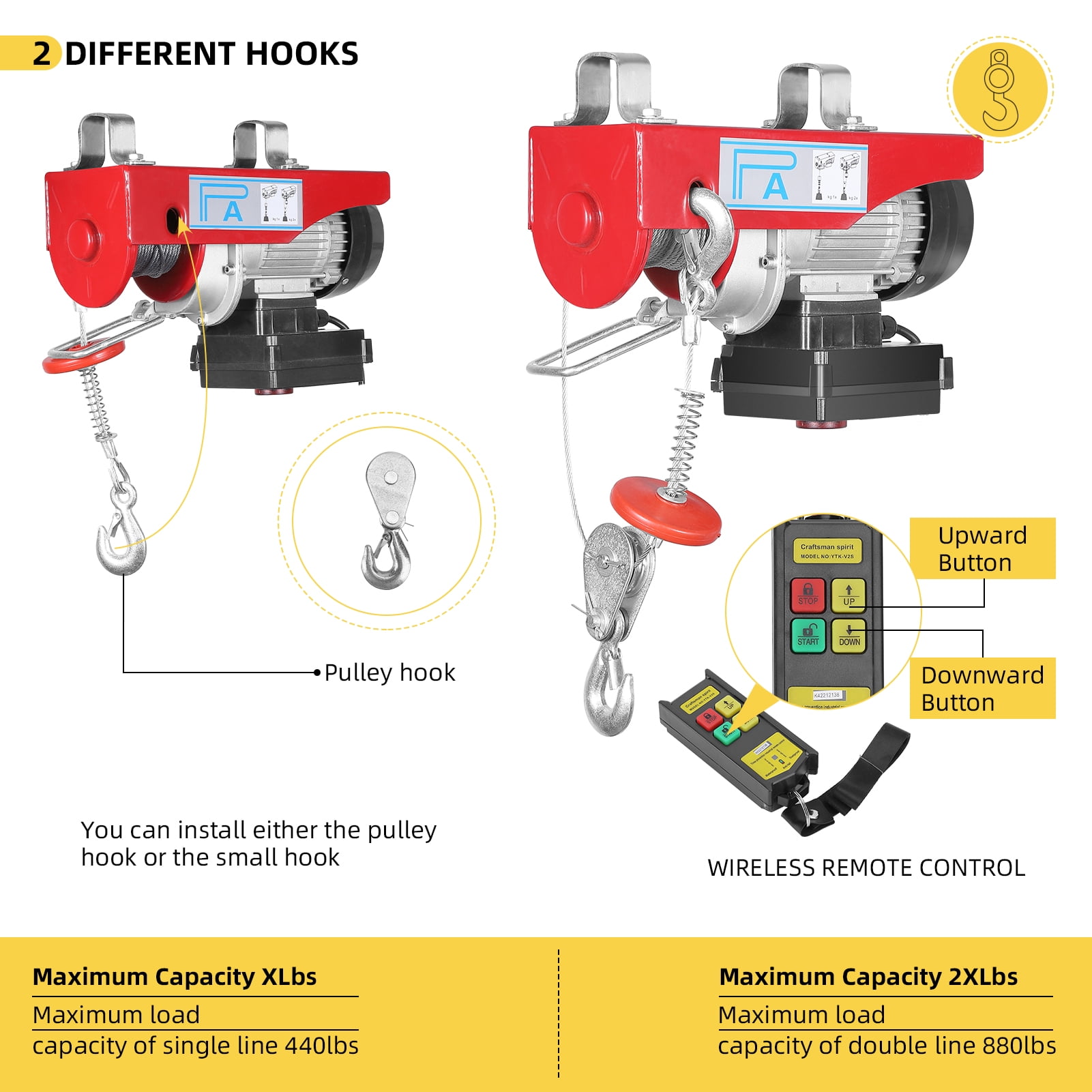 EastVita Electric Hoist, 880 Lbs Automatic Lift Electric Cable Hoist with Wireless Remote Control Power System, 110V Electric Winch Crane
