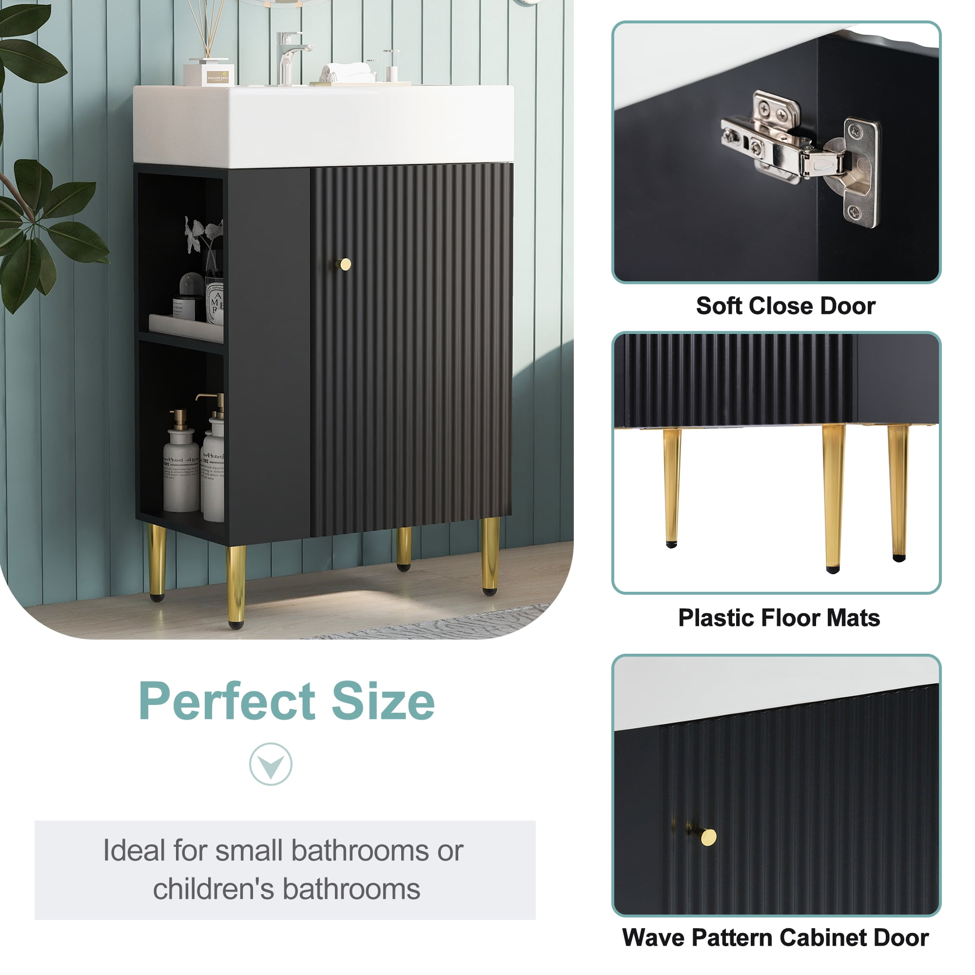 Euroco 21.6" Black Bathroom vanity, Combo Cabinet, Bathroom Storage Cabinet, Single Ceramic Sink, Left side storage