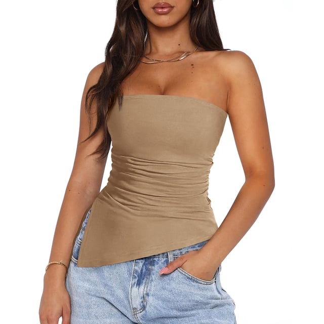 Top Tubo PRETTYGARDEN con Fruncido Asimétrico Caqui XL
