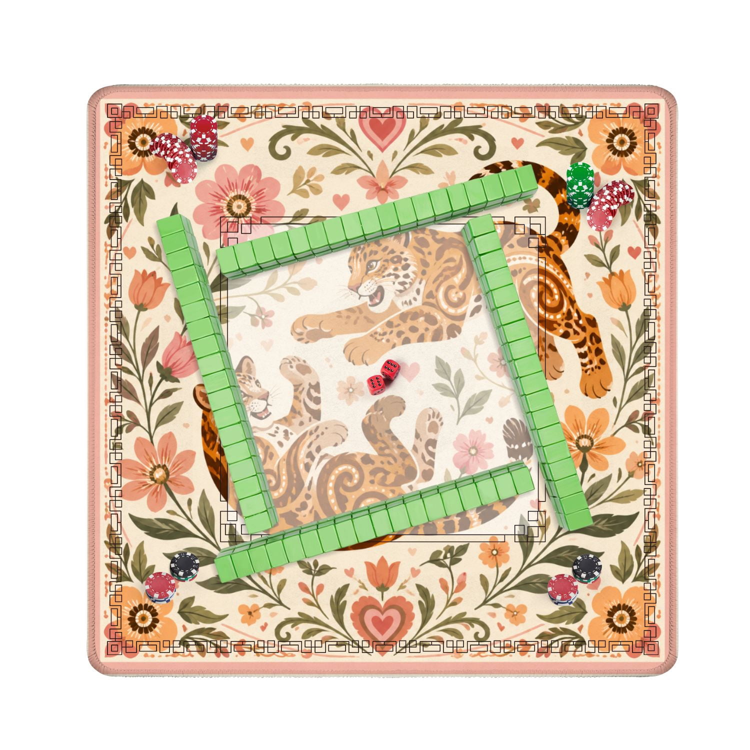 Mahjong Mat 31.5" x 31.5" Playful Jaguars Floral Swirls Heart Details Soft Pastel Colors Non-Slip Noise Reduction American Mahjong Tiles Table Cover for Dominoes Poker Card Board Games Gift