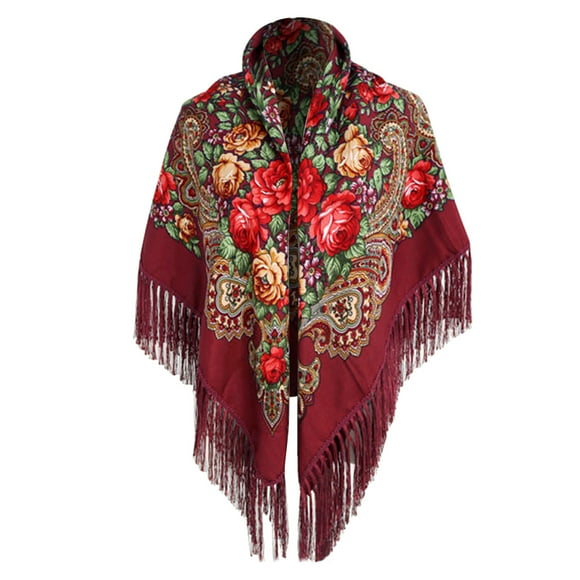 Russian Babushka Womens Scarf Shawl Wrap Oversized Traditional Retro Ukraine Style Printed Tassels Square Scarfs
