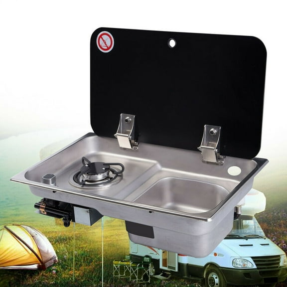 Fichiouy 1 Burner Gas Cooktop LPG Gas Stove Hob with Glass Lid for Boat Caravan RV Camper Black