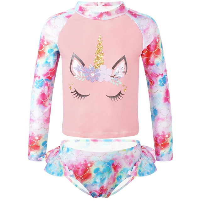 RUNQHUI Girls' Cartoon Horse Print Rash Guard Set Long Sleeve Two Piece Swimsuit Bathing Suit with Abstract Fish Scales 12