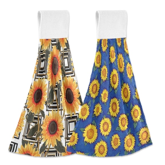 IAUYY Kitchen Hanging Towels Set of 2 100% Polyester Absorbent, Super Soft Hand Towels with Hanging Loops for Bathroom Kitchen Formal Sunflowers Covered with Sunflowers