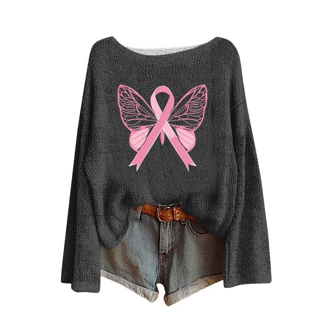 Birdeem Chandail pour Femmes, Journée de Sensibilisation au Cancer du Sein Imprimé Col Rond Manches Longues Mode Haut, Pulls pour Femmes, Longs Pulls pour Femmes