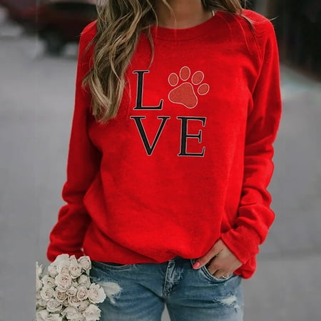 

OKBOP Scrub Tops Women Fashion Long Sleeve Paw Love Printed Sweatershirt Loosen Womens Blouses Tie Dye Shirt Women