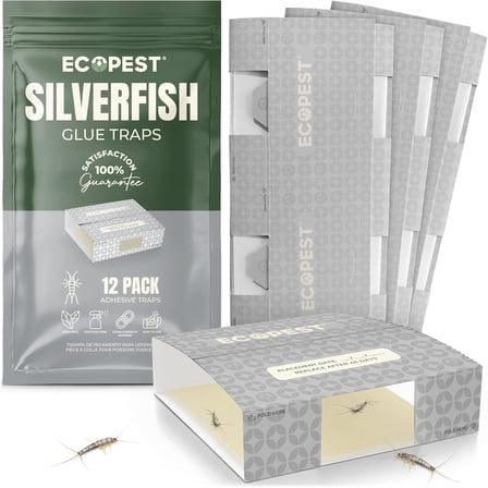 Silverfish Glue Trap — 12 Pack | Sticky Indoor Glue Trap with Natural Attractant | Traps Silverfish, Firebrat, and Other Bugs and Crawling Insects | Silverfish Killer Paks, Monitor, and Detector