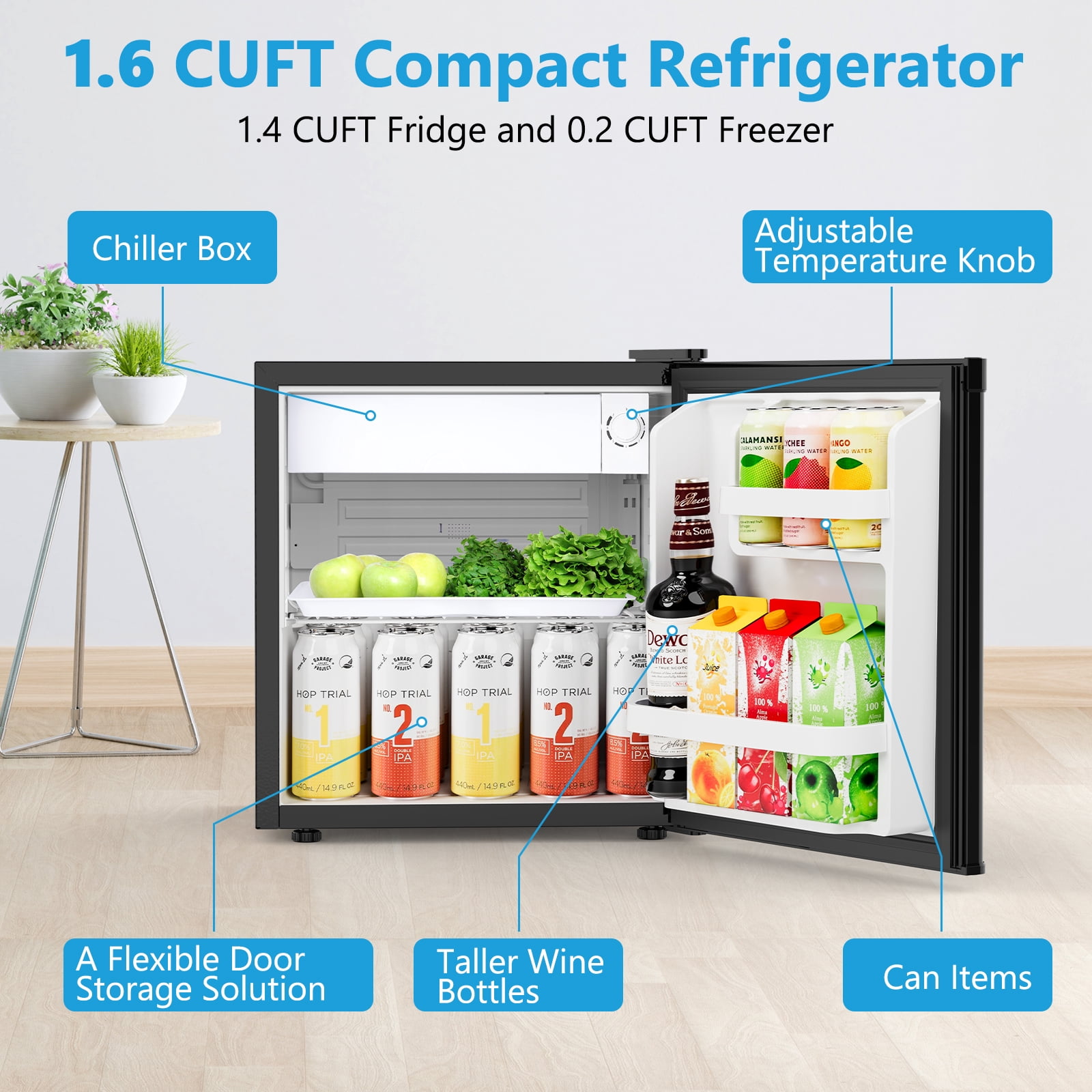 CRZOE 1.6 Cu.ft Mini Fridge with Freezer, Compact Single Reversible Door Refrigerator, Adjustable Thermostat, Ultra Quiet, Energy Efficient for Office, Dorm, Bedroom, Apartment -Black