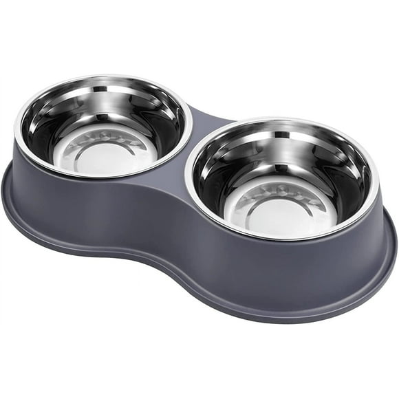 Dog Bowls Double Dog Water and Food Bowls Stainless Steel Bowls with Non-Slip Resin Station, Pet Feeder Bowls for Puppy Medium Dogs Cats,Gray