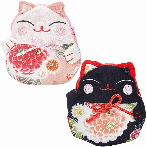 2 Colors Japanese Style Maneki-neko Coin Purse 2pcs Fortune Cat Coin Purse Mini Pouch holder Zipper Japanese Style Lucky Cat Silk Wallets for Keys Case Coin Makeup 4.7x3.9 Inch diy