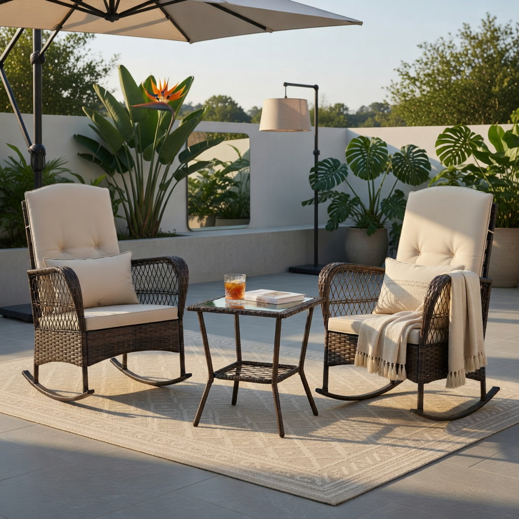 Hommoo 3-Piece Outdoor Rocking Bistro Set with 2-Tier Tempered Glass Coffee Table, PE Rattan, Brown