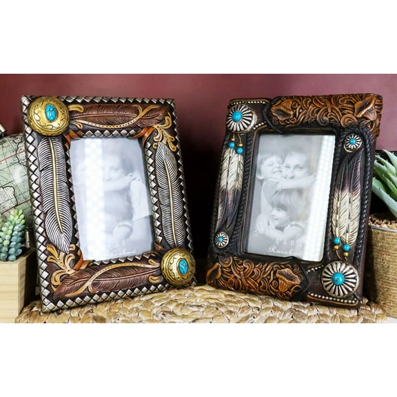 Set Of 2 Rustic Southwestern Feathers Turquoise Gems Scroll Picture Frames
