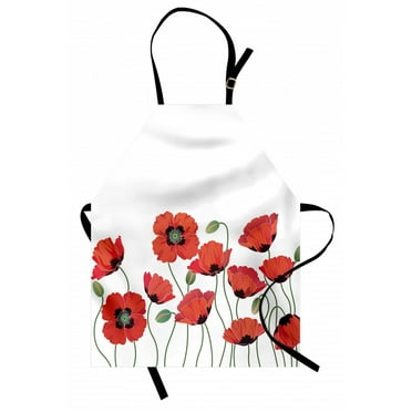 Floral Apron Poppy Flowers in Garden Fresh Plant Idyllic Nature Fragrance Theme Artistic Print, Unisex Kitchen Bib Apron with Adjustable Neck for Cooking Baking Gardening, Orange Green, by Ambesonne
