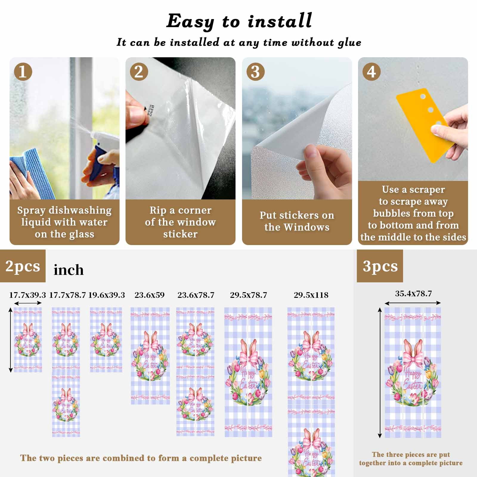 Happy Easter Window Privacy Film, Eggs Tulips Rabbit Ears Pink Leaf Purple Plaid Frosted Glass Window Clings Static Cling UV Heat Blocking Reusable Door Sticker for Bathroom 23.6 x 59 Inch