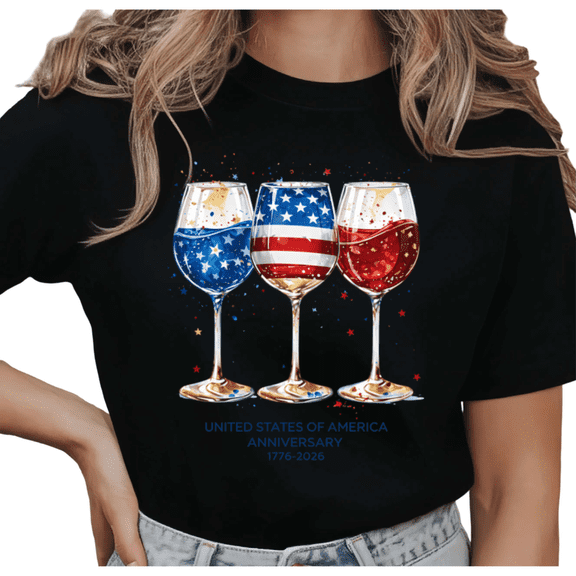 UNISHE Women's 4th of July Patriotic Wine Glass American Flag Graphic Short Sleeve T-Shirt Casual Cotton Crewneck Top