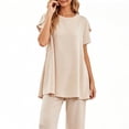 thumbnail image 3 of FRSASU Plus Size Pajamas Sets for Women Loose Fit Solid Shorts Sleeve T-shirts with Wide Leg Pant Sleepwear Lounge Sets Beige-A, 3 of 5