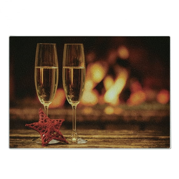 Fireplace Cutting Board, Cozy Romantic Photo with Champagne Glasses on Blurred Log Fire Backdrop, Decorative Tempered Glass Cutting and Serving Board, in 3 Sizes, by Ambesonne