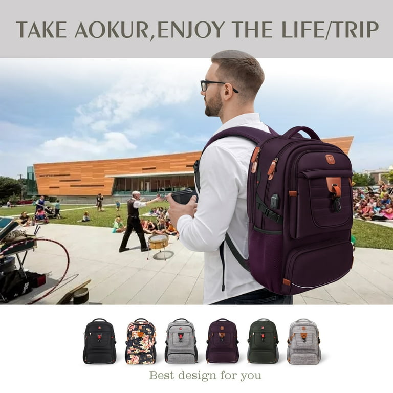 Aokur Travel Laptop Backpack for Men Women Extra Larger 50L Business Computer Bag with USB Charging Port Fit 17.3 inch Laptop Water Resistant Purple