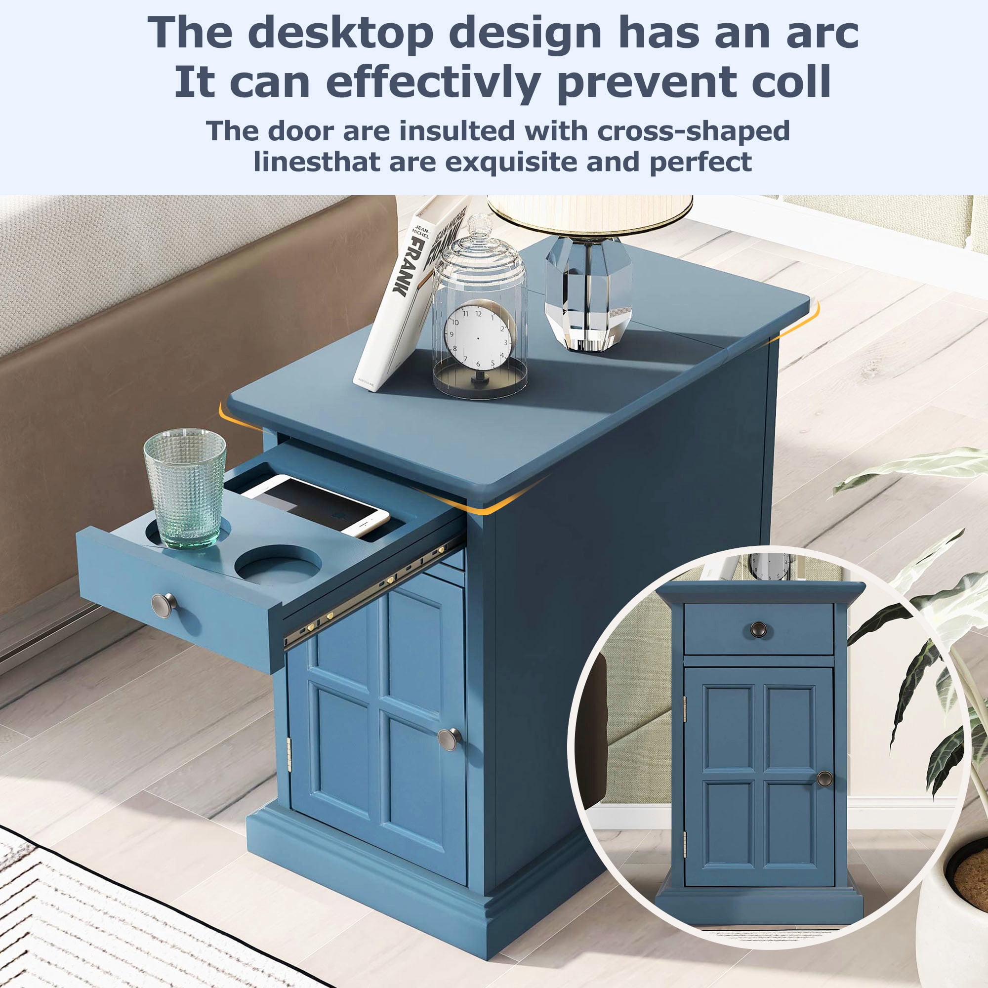 Modern End Table Side Table with USB Ports & Cup Holders,Accent Table Bedside Table for Small Spaces,Living Room,Bedroom,Navy