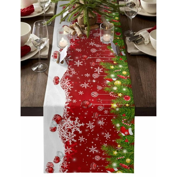 Table Runner Dresser Scarves 70 Inch Long, Christmas Balls Snowflake Pine Needle Linen Dining Table Runners Stocking Candy Star on Red Tabletop Scarf for Wedding Holiday Party Kitchen