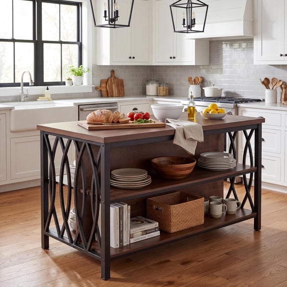 Finmind 55" Kitchen Island with Storage, Wooden Stationary Island Table, Industrial Center Island, Dining Room, Rustic Brown