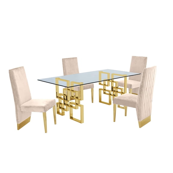 Rectangular Clear Glass 5pc Dining Set with Gold Stainless Steel Base